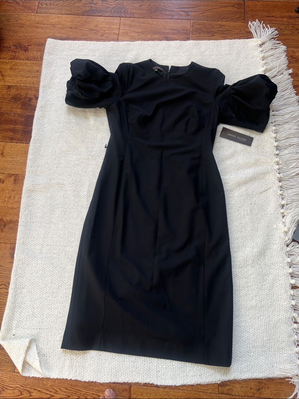 NWT Anne Klein Woolen Black Puff-Sleeve Midi Sheath Dress